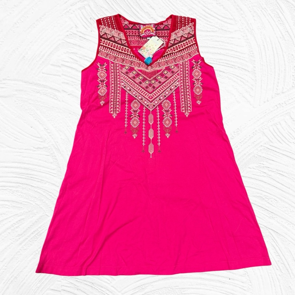 Johnny Was NEW Sabriya Yoke Tank Tunic Dress Small Cheeky‎ Pink Boho Aztec $170